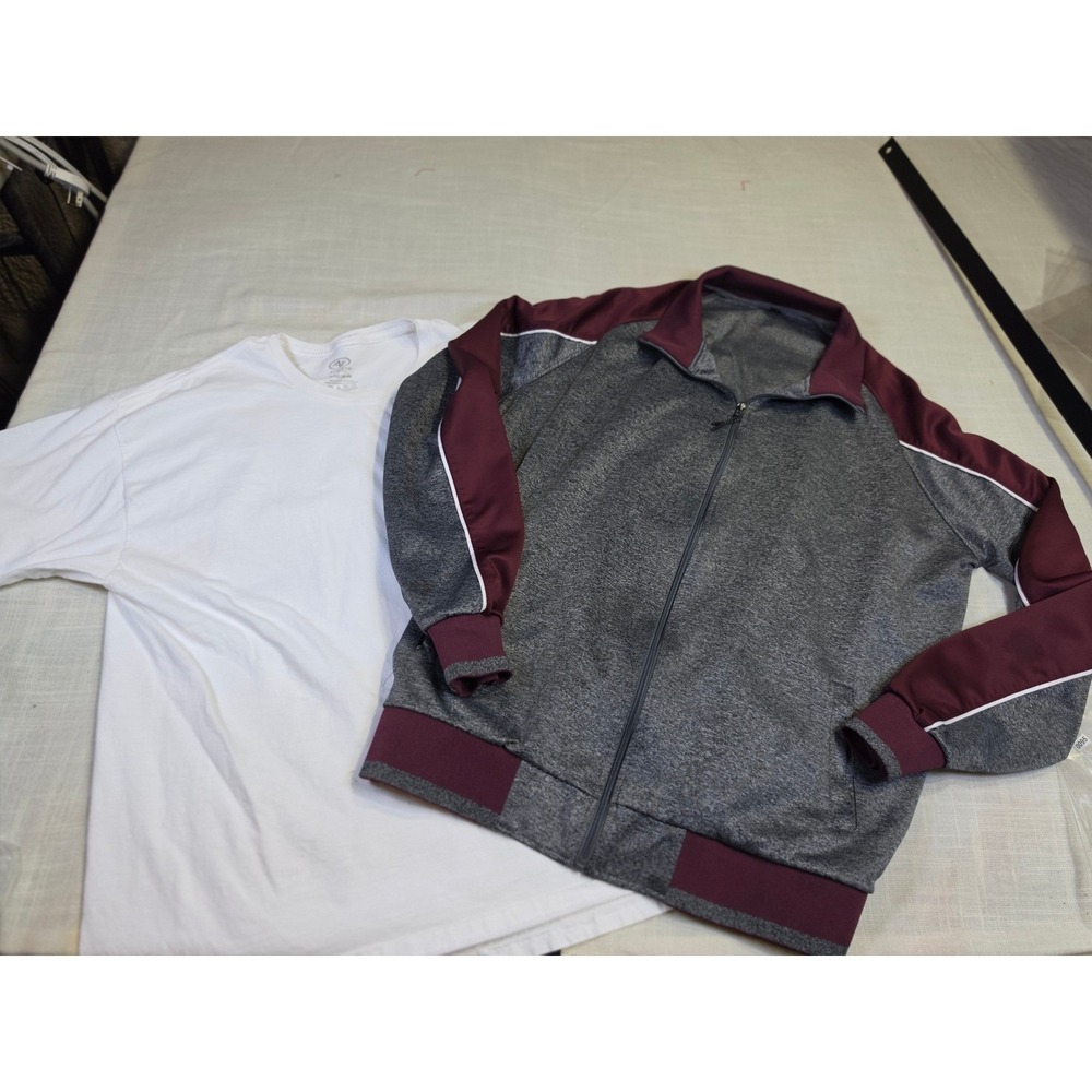 Mens Athletic Works Track Jacket and Pocket T-Shirt Bundle Gray Burgundy White